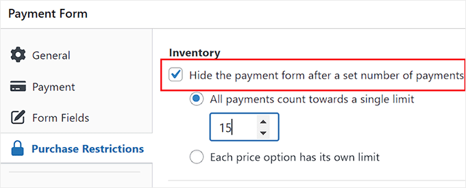 Configura le restrizioni di acquisto per evitare vendite eccessive con il tuo modulo di pagamento