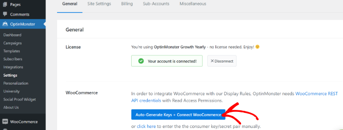 Genera automaticamente le chiavi e connetti WooCommerce