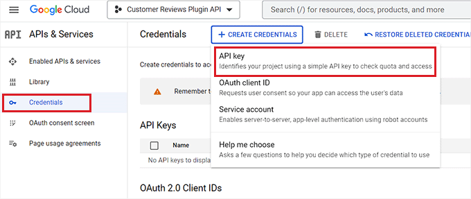 Scegli l'opzione Chiave API dal menu a discesa