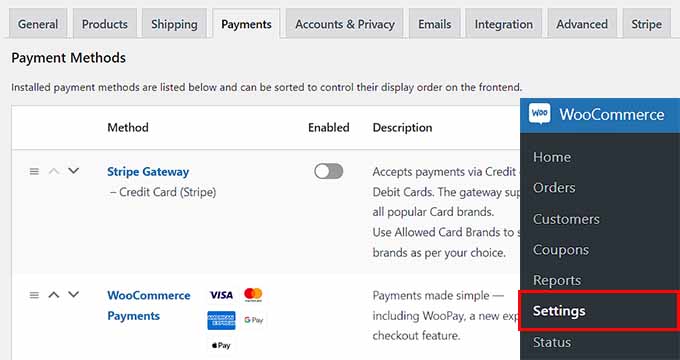 Fai clic sull'opzione Gateway Stripe