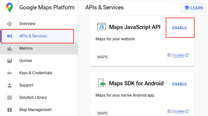 Abilita l'API JavaScript delle mappe