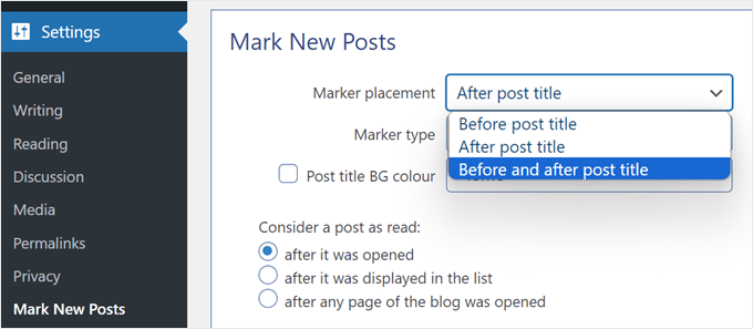 Selezione del posizionamento del nuovo indicatore di post nel plug-in Contrassegna nuovi post
