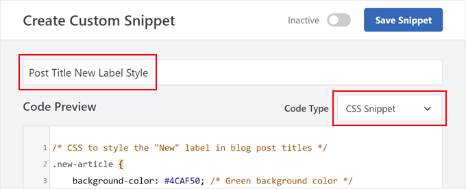 Creazione di un codice CSS per personalizzare la nuova etichetta del post in WPCode