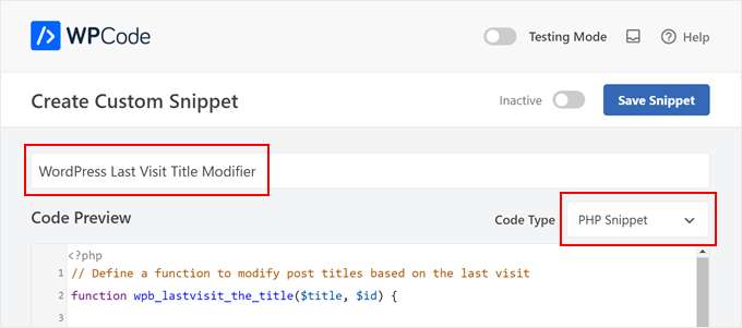Assegnando un titolo allo snippet di codice personalizzato e selezionando il tipo di codice PHP in WPCode