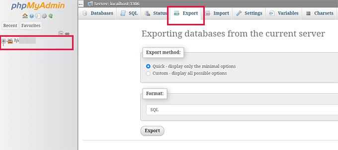 Database di esportazione di phpMyAdmin
