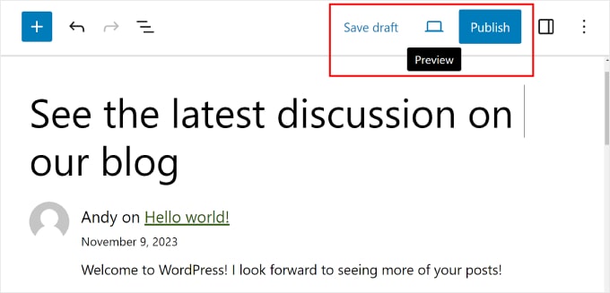 Salvataggio, visualizzazione in anteprima o pubblicazione di una pagina di commenti recente in WordPress