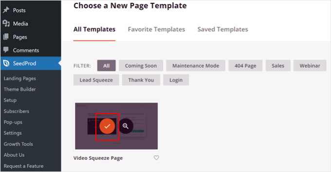 Scegliere il modello Video Squeeze Page in SeedProd