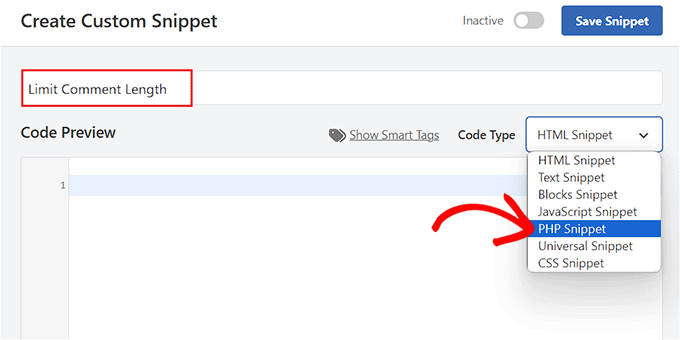 Scegli l'opzione Snippet PHP per il limite di lunghezza dei commenti