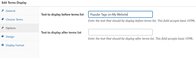 Aggiungi il testo che desideri venga visualizzato prima e dopo l'elenco di tag