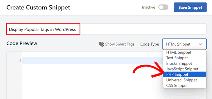 Scegli PHP Snippet affinché lo snippet di codice visualizzi i tag più popolari