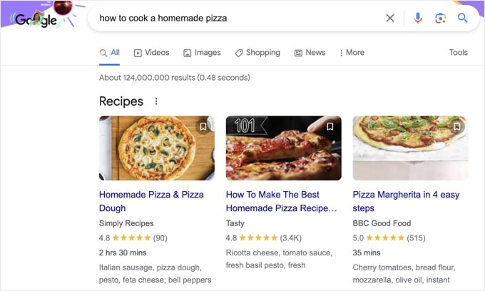 Un esempio di un frammento di ricetta in evidenza, in Google