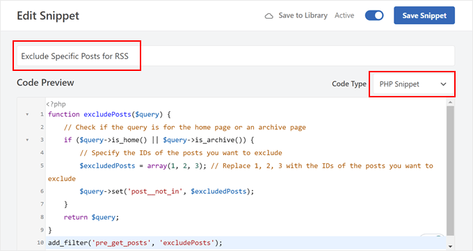 Aggiunta di codice personalizzato in WPCode per mostrare i post del blog solo per gli abbonati RSS