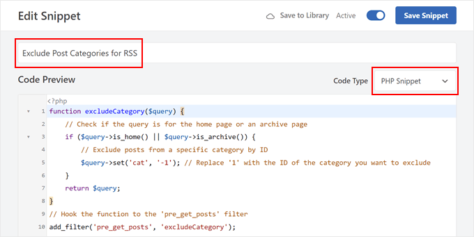 Aggiunta di codice personalizzato per mostrare solo i post del blog di una categoria specifica agli abbonati RSS