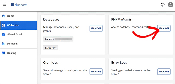 Fai clic sul pulsante Gestisci accanto all'opzione PHPMyAdmin