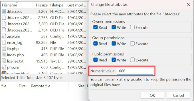 Modificare gli attributi del file .htaccess in 666