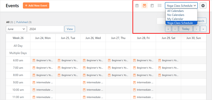 I filtri degli eventi nella pagina di amministrazione degli eventi di Sugar Calendar