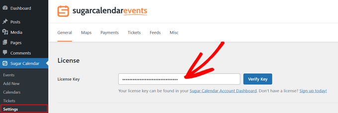 Aggiunta di una licenza a Sugar Calendar