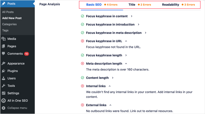 Analisi della pagina in AIOSEO