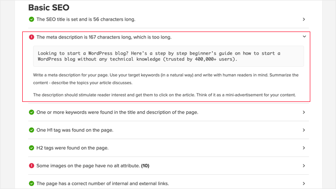 Report SEO di base in SEO Analyzer