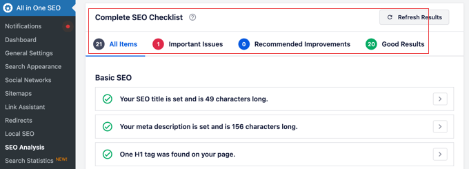 Checklist SEO completa in AIOSEO