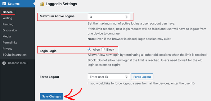 Impostazioni del plugin registrato