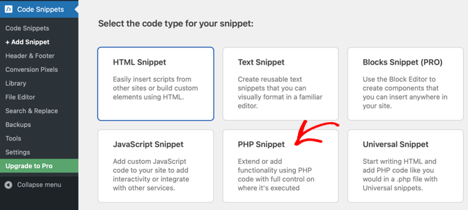 Seleziona l'opzione Snippet PHP in WPCode