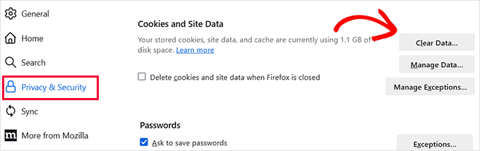 Cancella dati in Firefox