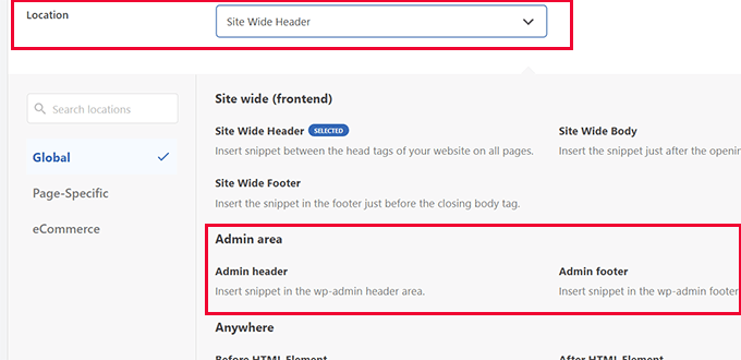 Carica lo snippet di codice solo nell'area di amministrazione