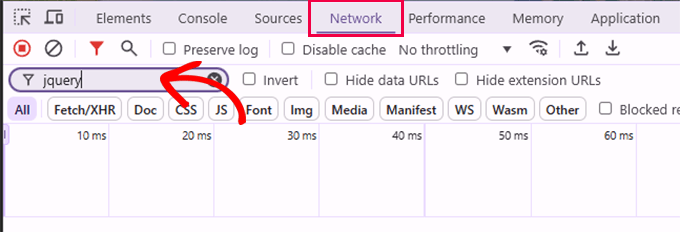 Cerca jQuery negli Strumenti per sviluppatori