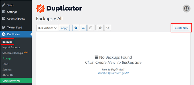 Creazione di un nuovo backup con Duplicator