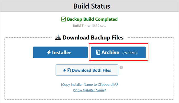 Download del file di archivio di Duplicator