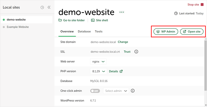 Apertura del sito web locale con Local WP