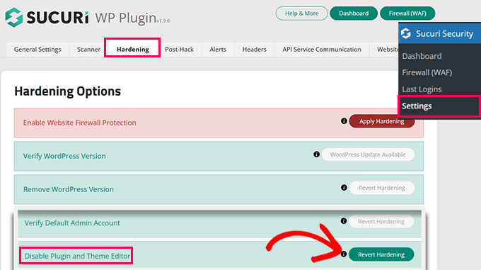 Sucuri abilita l'editor di file del tema