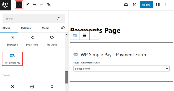 Aggiungi il blocco WP Simple Pay alla pagina o al post