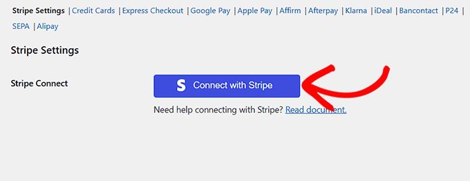 Fai clic sul pulsante Connetti con Stripe