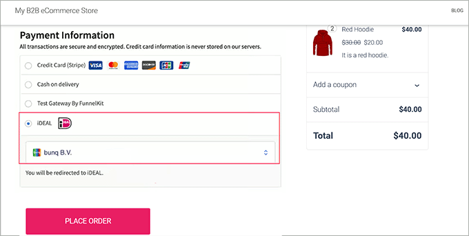 Anteprima dell'opzione di pagamento iDEAL in WooCommerce