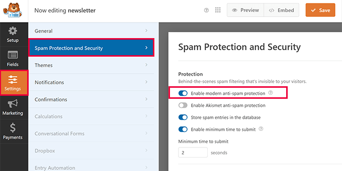 Abilita la moderna protezione anti-spam in WPFORMS