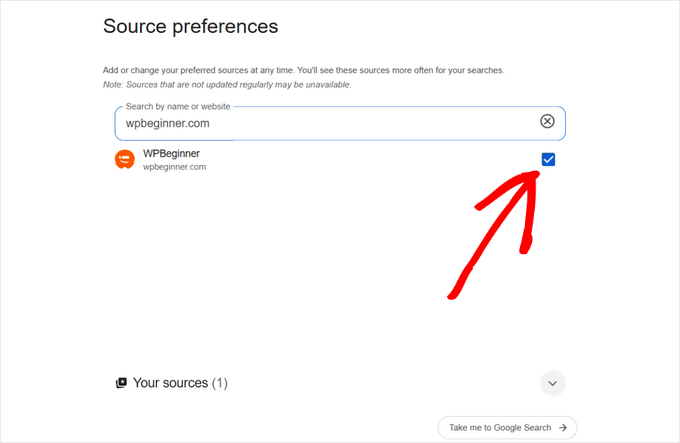 Seleziona WPBeginner come fonte preferita in Google
