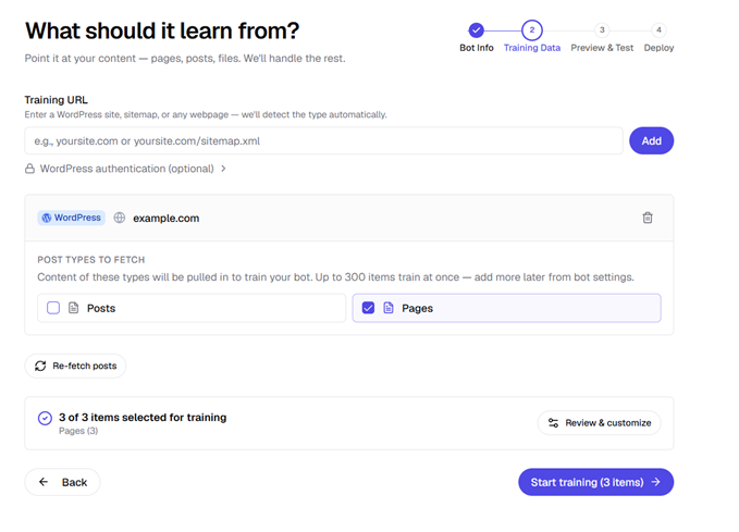 Screenshot dell'interfaccia utente di formazione del bot: inserisci un URL di formazione, scegli i tipi di contenuto (post/pagine) e avvia la formazione.