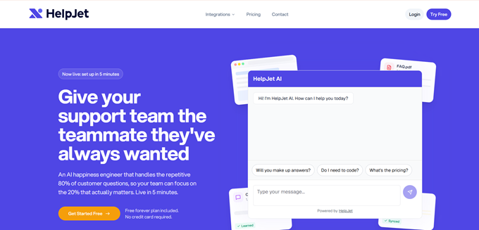 Banner eroe per HelpJet AI che mostra uno sfondo viola, finestre di chat mobili e il titolo: 